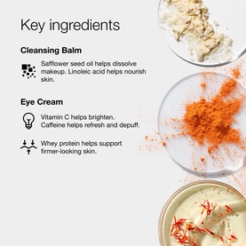 Clinique Eye Care & Makeup Essentials Gift Set key ingredients graphic showing cleansing balm and eye cream ingredient powders