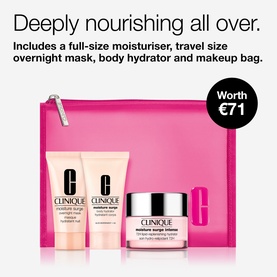 Clinique Moisture Surge Intense Hydration Skincare Gift Set with moisturiser, overnight mask, body hydrator and pink makeup bag