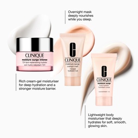 Clinique Moisture Surge Intense Hydration Skincare Gift Set with three products: cream-gel moisturiser, overnight mask, and body moisturiser