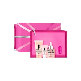 Clinique Moisture Surge Glow Serum Skincare Gift Set with serum, moisturiser, and mini, in pink gift box and pouch