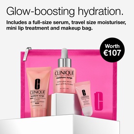 Clinique Moisture Surge Glow Serum Skincare Gift Set with full-size serum, travel moisturiser, mini lip treatment and pink makeup bag