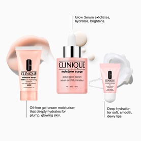 Clinique Moisture Surge Glow Serum Skincare Gift Set featuring gel-cream moisturiser, active glow serum and lip hydration, with texture swatches
