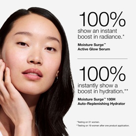 Model with Clinique Moisture Surge Glow Serum Skincare Gift Set; text highlights 100% radiance and hydration boost claims