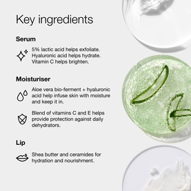 Clinique Moisture Surge Glow Serum Skincare Gift Set key ingredients panel showing serum, moisturiser and lip product benefits with aloe vera imagery.