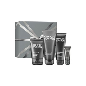 Clinique For Men Hydration Skincare for Dry Skin Gift Set with four grey tubes and gift box, includes face scrub, wash, and moisturiser
