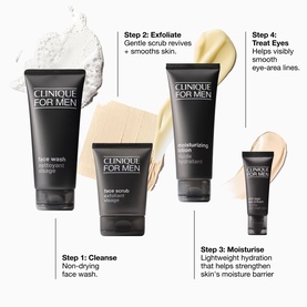 Clinique For Men Hydration Skincare for Dry Skin Gift Set showing four products: face wash, scrub, moisturiser and eye cream with usage steps.