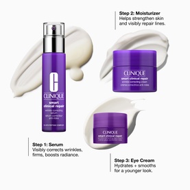 Clinique Smart Clinical Repair Wrinkle Correcting Serum Gift Set with serum, moisturiser and eye cream displayed with step-by-step usage guide