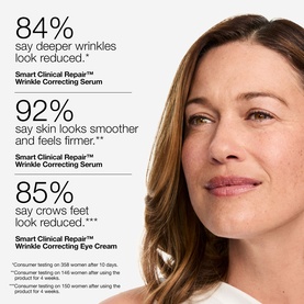 Model with Clinique Smart Clinical Repair&trade; Wrinkle Correcting Serum Gift Set; infographic showing 84%, 92%, 85% clinical results claims.