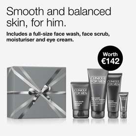 Clinique For Men Oil Control Skincare Gift Set containing face wash, face scrub, moisturiser and eye cream, worth &euro;142