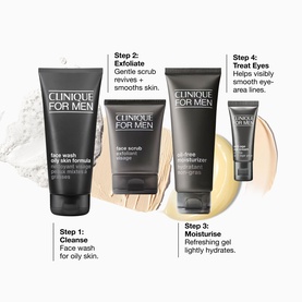 Clinique For Men Oil Control Skincare Gift Set for oily skin, featuring 4-step regime: face wash, scrub, moisturiser, and eye cream