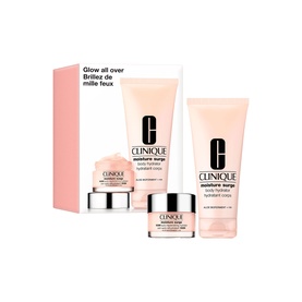 Clinique Moisture Surge Glow Hydration Skincare Gift Set featuring three products in pink and white packaging with gift box