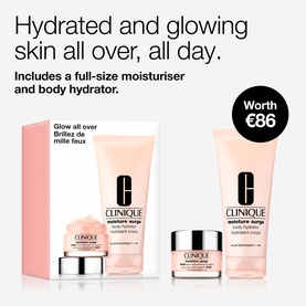 Clinique Moisture Surge Glow Hydration Skincare Gift Set featuring full-size moisturiser and body hydrator in pink packaging, worth &euro;86