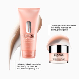 Clinique Moisture Surge Glow Hydration Skincare Gift Set featuring a body moisturiser tube and oil-free gel-cream moisturiser pot