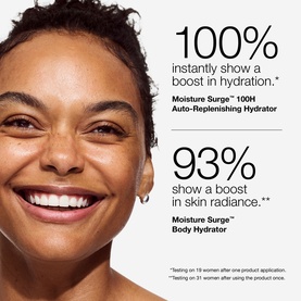 Model with glowing skin smiling, overlaid with Clinique Moisture Surge hydration and skin radiance statistics from clinical testing.