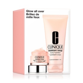 Clinique Moisture Surge Glow Hydration Skincare Gift Set featuring body hydrator tube and mini moisturiser pot in pink packaging