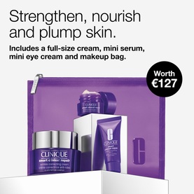 Clinique Smart Clinical Repair Wrinkle Correcting Cream Gift Set with full-size cream, mini serum, mini eye cream and purple makeup bag