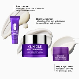 Clinique Smart Clinical Repair&trade; Wrinkle Correcting Cream Gift Set showing 3-step routine: serum, moisturiser, and eye cream on white background