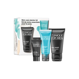 Clinique For Men Hydration Skincare Starter Travel Set with face wash, moisturiser, and eye cream tubes beside branded box