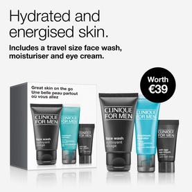 Clinique For Men Hydration Skincare Starter Travel Set containing face wash, moisturiser and eye cream, worth &euro;39