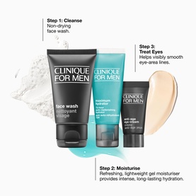 Clinique For Men Hydration Skincare Starter Travel Set featuring face wash, moisturiser, and anti-age eye cream with step-by-step usage guide