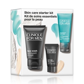 Clinique For Men&trade; Hydration Skincare Starter Travel Set featuring face wash, moisturiser, and eye cream in branded packaging