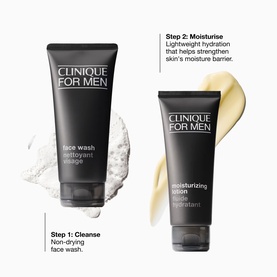 Clinique For Men Hydration Skincare Duo Gift Set featuring face wash and moisturizing lotion tubes with texture swatches and step guide