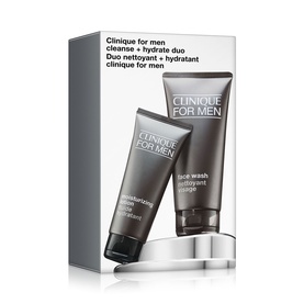 Clinique For Men&trade; Hydration Skincare Duo Gift Set containing face wash and moisturising lotion tubes in branded grey packaging
