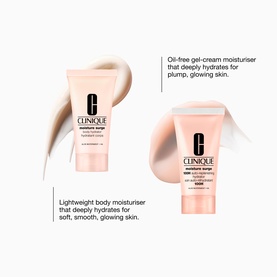 Clinique Moisture Surge Hydration Travel Skincare Set featuring two pink tubes with product texture swatches and benefit callouts