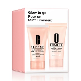 Clinique Moisture Surge Hydration Travel Skincare Set, two mini tubes in peach packaging with Glow to Go gift box