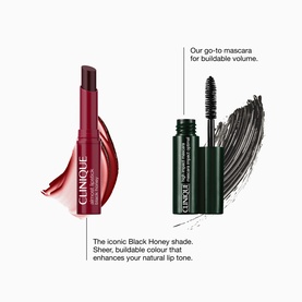 Clinique Lash Definition & Black Honey Lip Makeup Gift Set featuring mascara and Black Honey lip colour with swatch details