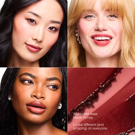 Three models wearing Clinique Black Honey lip colour showing diverse skin tone results, with text reading "Looks different and amazing on everyone.