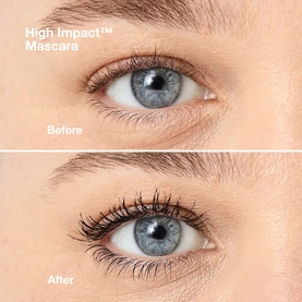 Clinique High Impact Mascara before and after close-up showing lash volume and length transformation on blue eyes