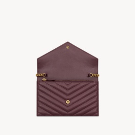 Saint Laurent hot wine quilted envelope bag open view, gold chain strap, chevron stitching detail
