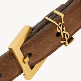 Saint Laurent bark brown suede belt with gold-tone rectangular buckle and YSL monogram logo detail