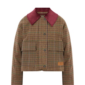 Ganni multicolour houndstooth wool jacket with burgundy corduroy collar, button front, patch pockets, and branded tab detail