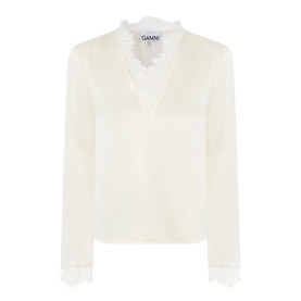Ganni egret blouse with V-neck, lace trim collar and cuffs, long sleeves, in ivory acetate blend fabric