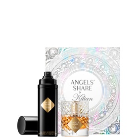 Kilian Paris Angels' Share Layering Gift Set with black fragrance spray, glass bottle, and holographic gift box