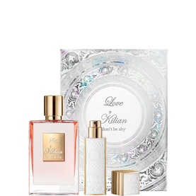 Kilian Paris Love Don't Be Shy Icon Gift Set featuring eau de parfum bottle, travel spray, and decorative gift box