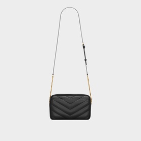 Saint Laurent black quilted leather crossbody bag with gold chain and adjustable strap, chevron stitch detail