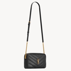 Saint Laurent black quilted leather crossbody bag with gold-tone YSL monogram hardware and chain-and-leather adjustable strap