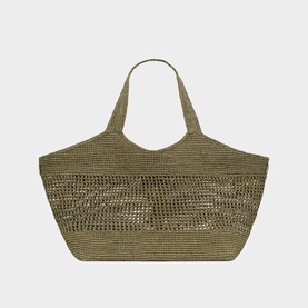 Saint Laurent light musk woven mesh tote bag with open top, dual flat shoulder straps, and structured silhouette