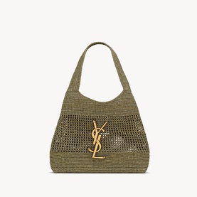 Saint Laurent hobo bag in light musk woven raffia with gold-tone YSL monogram hardware and single shoulder strap