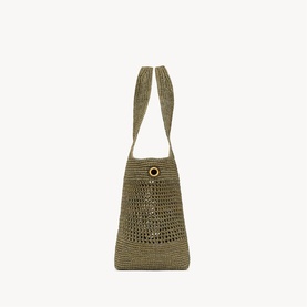 Saint Laurent light musk crochet tote bag with gold eyelet detail and matching shoulder strap, back view