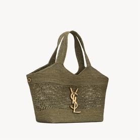 Saint Laurent tote bag in light musk raffia-style weave with gold-tone YSL monogram hardware and dual top handles
