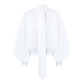 Tie-Neck Balloon-Sleeve Blouse