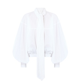 Tie-Neck Balloon-Sleeve Blouse