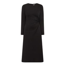 MeiMeij Nero midi dress with long sleeves, crew neck, and gathered twist-knot waist detail on an A-line silhouette