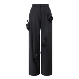 MeiMeij Nero wide-leg trousers with tonal 3D floral appliqu&eacute; detail, pinstripe fabric, high waist and straight leg silhouette