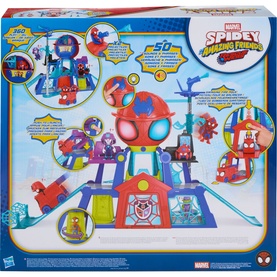 Marvel Spidey and His Amazing Friends multi-coloured playset with figures, vehicles, and headquarters tower, multiple play areas visible