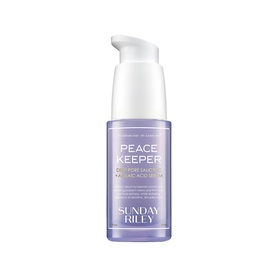 Sunday Riley Peace Keeper Pore Minimising Mandelic Acid Serum in a lilac pump bottle with white cap